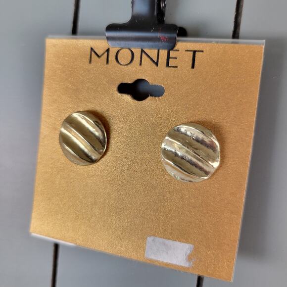 Monet Gold Tone Textured Round Pierced Earrings Vintage Style Jewelry, Gift Bag - Picture 8 of 10